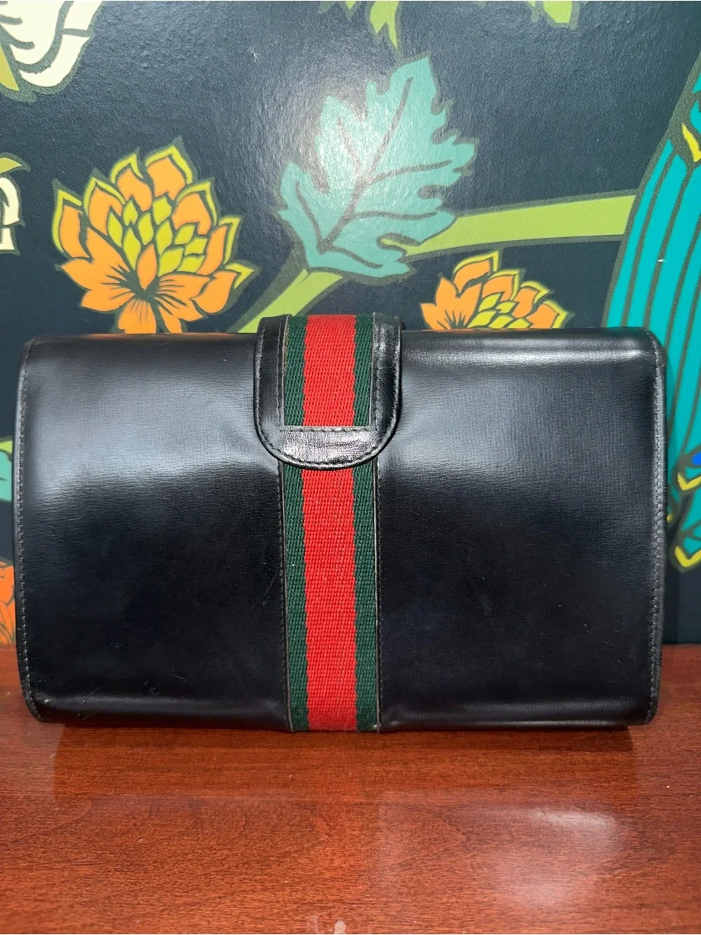 Vintage 1970s Gucci Black Leather Web Stripe GG Clutch